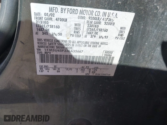 2003 Ford Excursion с VIN 1FMSU45F33EA35667, выставлен на аукционе IAAI как лот 40682023 с пробегом 279 381 миль миль и . История ставок и продаж доступна на DreamBid. Изображение 9.