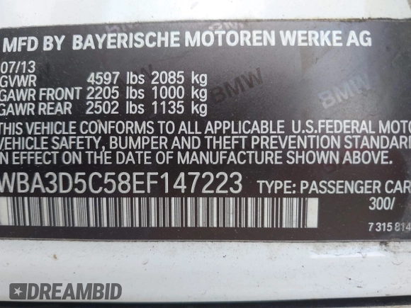 2014 BMW 3 Series 328d xDrive with VIN WBA3D5C58EF147223, listed as a IAAI auction lot 42317182 with 155,208 mi miles and . Bid and sale history available at DreamBid. Image 9.