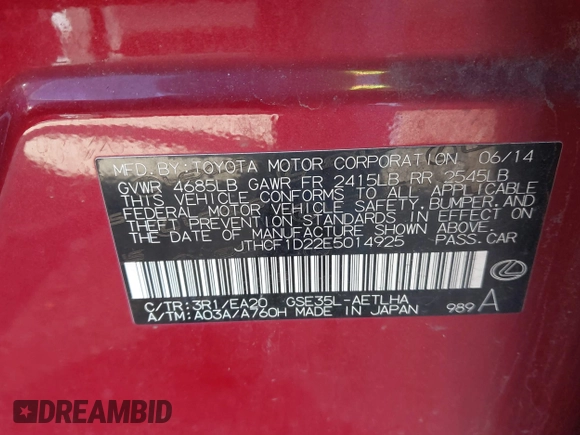 2014 Lexus IS 250 with VIN JTHCF1D22E5014925, listed as a IAAI auction lot 41580633 with 118,800 mi miles. Bid and sale history available at carsss.com. Image 9.