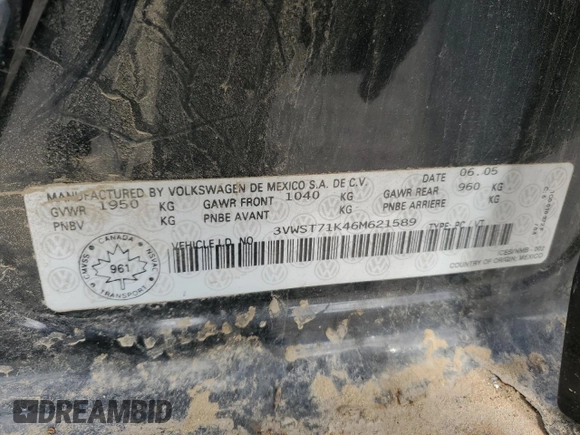 2006 Volkswagen Jetta 1.9L TDI z VIN 3VWST71K46M621589, wystawiony jako Copart lot #49905355 z przebiegiem 335 621 mil mil oraz Szkoda całkowita • Salvage title. Historia ofert i sprzedaży dostępna na DreamBid. Obrazek 12.