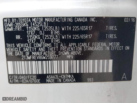 2016 Toyota RAV4 XLE with VIN 2T3WFREV8GW259777, listed as a IAAI auction lot 41241266 with 129,122 mi miles. Bid and sale history available at carsss.com. Image 9.