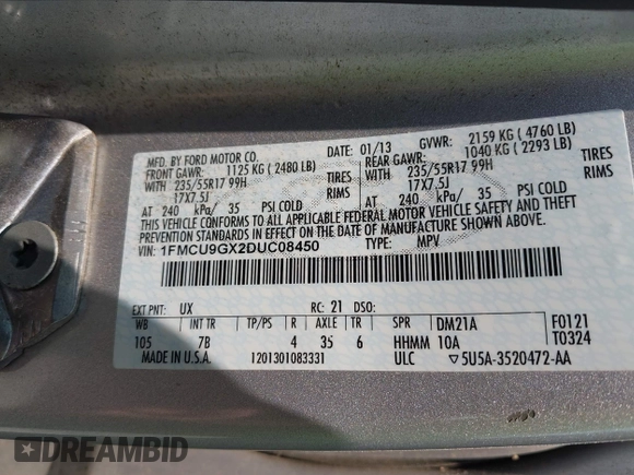 2013 Ford Escape SE с VIN 1FMCU9GX2DUC08450, выставлен на аукционе IAAI как лот 42414210 с пробегом 173 924 миль миль и . История ставок и продаж доступна на DreamBid. Изображение 9.