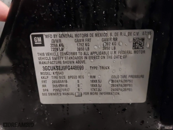 2015 Chevrolet Silverado 1500 LTZ with VIN 3GCUKSEJ9FG448699, listed as a IAAI auction lot 41372615 with 156,010 mi miles. Bid and sale history available at carsss.com. Image 9.