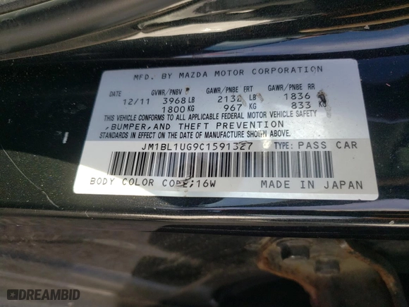 2012 Mazda Mazda3 i Sport with VIN JM1BL1UG9C1591327, listed as a Copart auction lot 48811015 with 162,861 mi miles and Salvage Title. Bid and sale history available at carsss.com. Image 12.