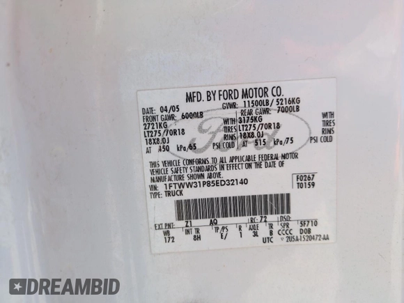 2005 Ford F-350 XL with VIN 1FTWW31P85ED32140, listed as a Copart auction lot 57852465 with Not provided miles and Clean title. Bid and sale history available at DreamBid. Image 12.