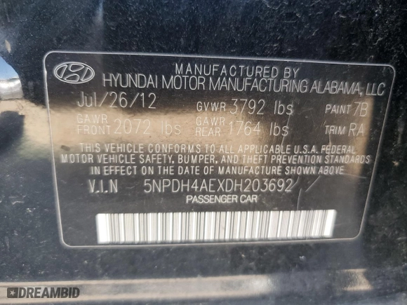 2013 Hyundai Elantra Limited PZEV with VIN 5NPDH4AEXDH203692, listed as a Copart auction lot 53472375 with 173,139 mi miles and Clean Title. Bid and sale history available at carsss.com. Image 12.