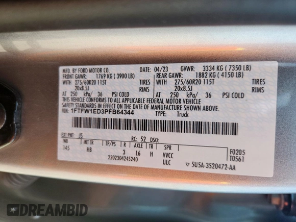2023 Ford F-150 XL with VIN 1FTFW1ED3PFB64344, listed as a Copart auction lot 55409115 with 20,817 mi miles and Salvage title. Bid and sale history available at DreamBid. Image 13.