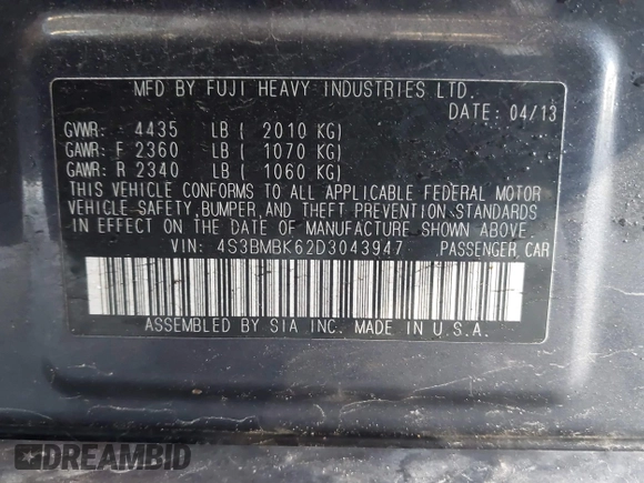2013 Subaru Legacy Limited with VIN 4S3BMBK62D3043947, listed as a IAAI auction lot 41653855 with 214,715 mi miles and . Bid and sale history available at DreamBid. Image 9.