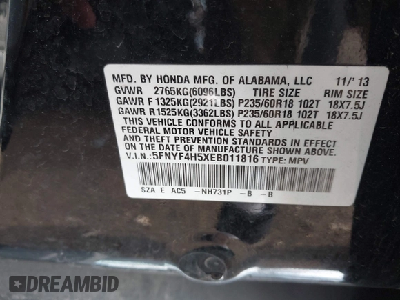 2014 Honda Pilot EX-L with VIN 5FNYF4H5XEB011816, listed as a IAAI auction lot 42165791 with 118,366 mi miles and . Bid and sale history available at carsss.com. Image 9.