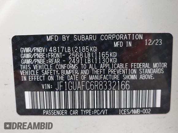 2024 Subaru Impreza Sport with VIN JF1GUAFC6R8332166, listed as a IAAI auction lot 41727239 with 16,057 mi miles. Bid and sale history available at carsss.com. Image 9.