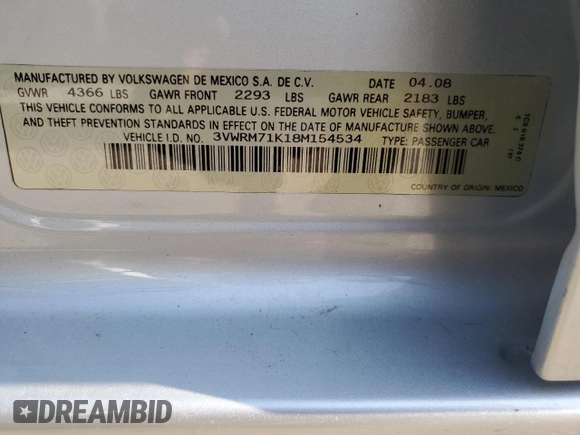2008 Volkswagen Jetta SE with VIN 3VWRM71K18M154534, listed as a Copart auction lot 60635345 with 109,274 mi miles and Salvage title. Bid and sale history available at DreamBid. Image 13.