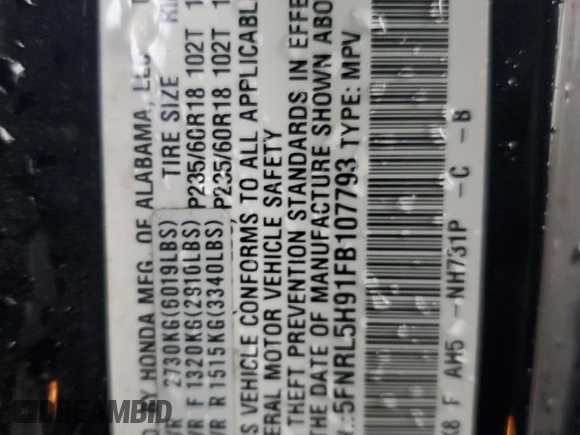 2015 Honda Odyssey Touring Elite с VIN 5FNRL5H91FB107793, выставлен на аукционе Copart как лот 59295355 с пробегом 91 910 миль миль и Списание • Salvage title. История ставок и продаж доступна на DreamBid. Изображение 13.