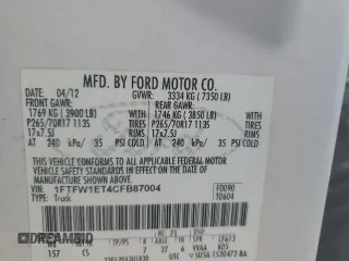 2012 Ford F-150 XL с VIN 1FTFW1ET4CFB87004, выставлен на аукционе Copart как лот 58821425 с пробегом Не указан миль и Чистый • Clean title. История ставок и продаж доступна на DreamBid. Изображение 13.