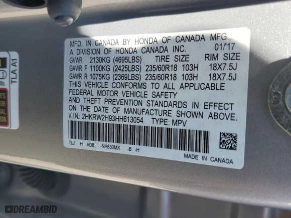 2017 Honda CR-V Touring with VIN 2HKRW2H93HH613054, listed as a Copart auction lot 53601775 with 97,648 mi miles and Salvage Title. Bid and sale history available at carsss.com. Image 13.