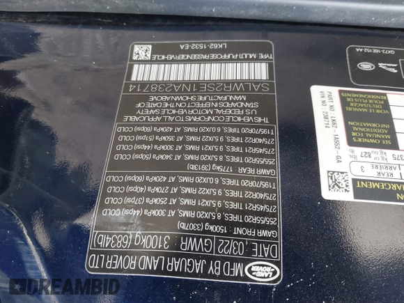 2022 Land Rover Range Rover Sport HSE Dynamic with VIN SALWR2SE1NA238714, listed as a IAAI auction lot 41516845 with 52,325 mi miles and . Bid and sale history available at DreamBid. Image 9.