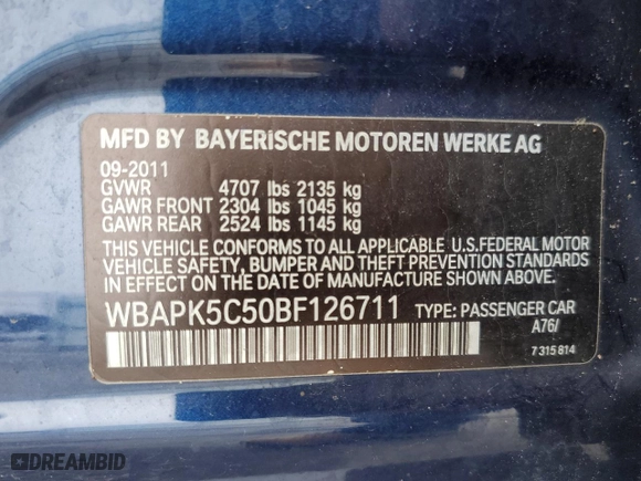 2011 BMW 3 Series 328i xDrive with VIN WBAPK5C50BF126711, listed as a Copart auction lot 49891055 with 121,058 mi miles and Clean Title. Bid and sale history available at carsss.com. Image 14.
