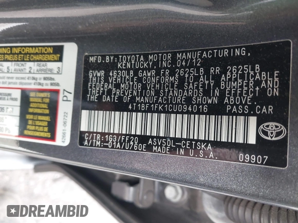 2012 Toyota Camry L with VIN 4T1BF1FK1CU094016, listed as a IAAI auction lot 41815873 with 153,631 mi miles. Bid and sale history available at carsss.com. Image 9.