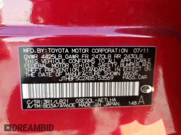 2011 Lexus IS 250 z VIN JTHBF5C2XB5153569, wystawiony jako Copart lot #49064555 z przebiegiem 131 210 mil mil oraz Szkoda całkowita • Salvage title. Historia ofert i sprzedaży dostępna na DreamBid. Obrazek 12.