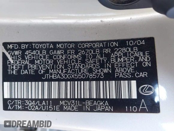 2005 Lexus ES 350 with VIN JTHBA30GX55078573, listed as a IAAI auction lot 42103452 with 195,651 mi miles and . Bid and sale history available at DreamBid. Image 9.