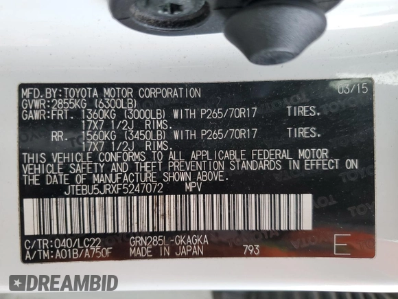 2015 Toyota 4Runner Limited with VIN JTEBU5JRXF5247072, listed as a Copart auction lot 69545263 with Not Provided miles and Salvage Title. Bid and sale history available at carsss.com. Image 13.