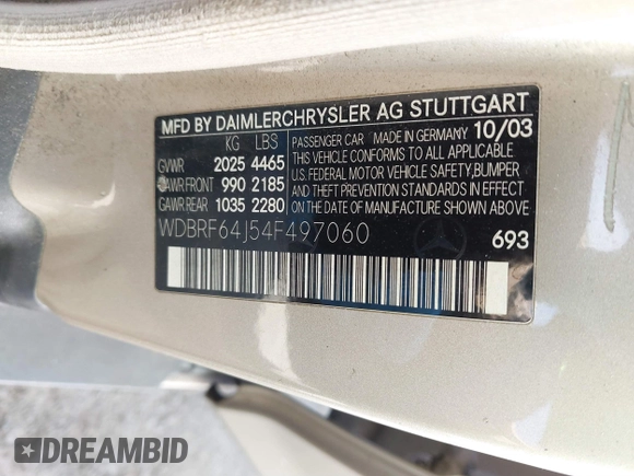 2004 Mercedes-Benz C 320 with VIN WDBRF64J54F497060, listed as a IAAI auction lot 41829238 with 204,205 mi miles and . Bid and sale history available at DreamBid. Image 9.