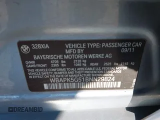 2011 BMW 3 Series 328i xDrive with VIN WBAPK5G51BNN29824, listed as a IAAI auction lot 40990352 with 171,133 mi miles and . Bid and sale history available at carsss.com. Image 9.