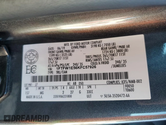 2019 Ford F-150 XL with VIN 1FTFW1E56KFC57926, listed as a Copart auction lot 46461865 with 135,934 mi miles and Salvage Title. Bid and sale history available at carsss.com. Image 12.