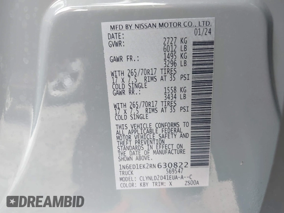 2024 Nissan Frontier SV with VIN 1N6ED1EK2RN630822, listed as a IAAI auction lot 42295643 with 15,548 mi miles and . Bid and sale history available at DreamBid. Image 9.