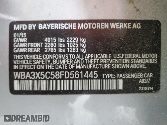 2015 BMW 3 Series 328i Gran Turismo xDrive with VIN WBA3X5C58FD561445, listed as a Copart auction lot 57328295 with 121,515 mi miles and Salvage title. Bid and sale history available at DreamBid. Image 12.