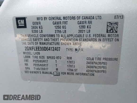 2013 Chevrolet Equinox LT with VIN 2GNFLEE39D6412407, listed as a IAAI auction lot 41588839 with 168,550 mi miles. Bid and sale history available at carsss.com. Image 9.