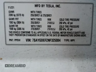 2022 Tesla Model Y Performance with VIN 7SAYGDEF2NF325084, listed as a Copart auction lot 44814525 with Not Provided miles and Salvage Title. Bid and sale history available at DreamBid. Image 16.