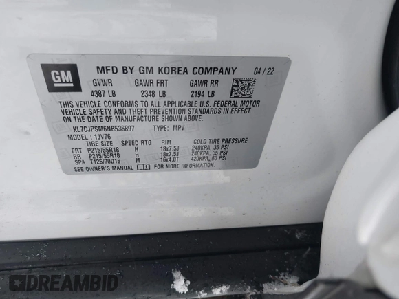 2022 Chevrolet Trax LT with VIN KL7CJPSM6NB536897, listed as a IAAI auction lot 41140696 with 31,913 mi miles. Bid and sale history available at carsss.com. Image 9.