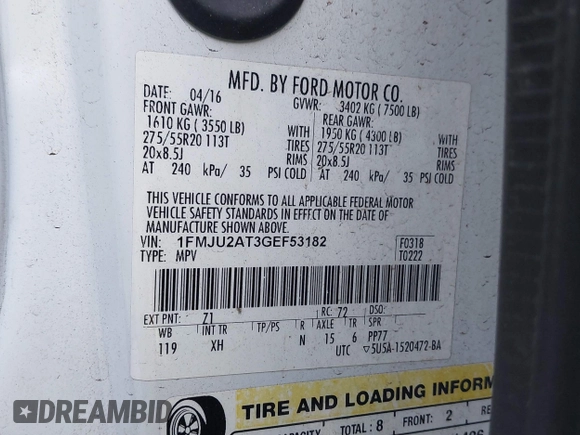 2016 Ford Expedition Limited with VIN 1FMJU2AT3GEF53182, listed as a IAAI auction lot 42077019 with 189,564 mi miles and . Bid and sale history available at DreamBid. Image 9.