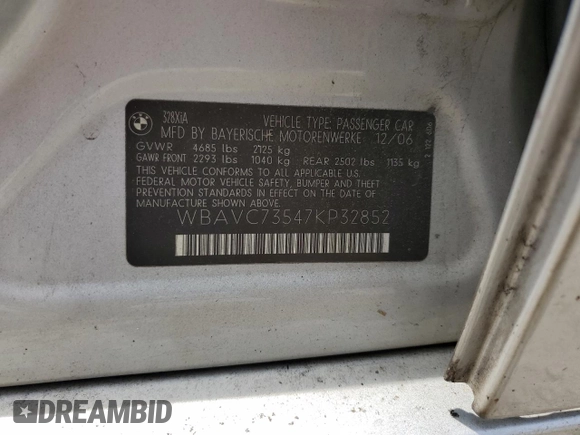 2007 BMW 3 Series 328xi with VIN WBAVC73547KP32852, listed as a Copart auction lot 63257135 with 150,689 mi miles and Clean title. Bid and sale history available at DreamBid. Image 12.