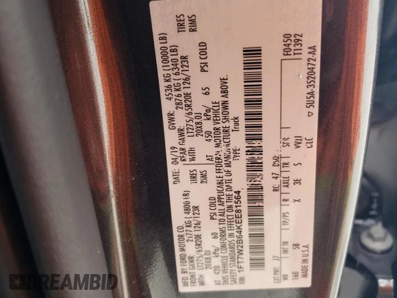 2019 Ford F-250 XL с VIN 1FT7W2B64KEE81564, выставлен на аукционе Copart как лот 44726064 с пробегом 58 233 миль миль и Списание • Salvage title. История ставок и продаж доступна на DreamBid. Изображение 12.