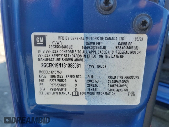 2003 Chevrolet Silverado SS z VIN 2GCEK19N131388031, wystawiony jako Copart lot #62724294 z przebiegiem 191 023 mil mil oraz Szkoda całkowita • Salvage title. Historia ofert i sprzedaży dostępna na DreamBid. Obrazek 14.