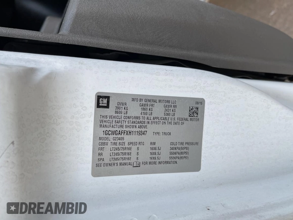2017 Chevrolet Express Cargo with VIN 1GCWGAFFXH1119347, listed as a Copart auction lot 46950255 with 261,808 mi miles and Clean title. Bid and sale history available at DreamBid. Image 10.