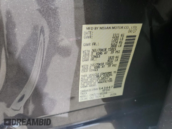 2017 Nissan Titan SV z VIN 1N6AA1EJ9HN543447, wystawiony jako Copart lot #57622105 z przebiegiem 105 975 mil mil oraz Nie do naprawy • Non repairable. Historia ofert i sprzedaży dostępna na DreamBid. Obrazek 12.