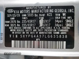 2020 Kia Sorento L with VIN 5XYPG4A37LG635838, listed as a Copart auction lot 46695955 with 119,545 mi miles and Salvage Title. Bid and sale history available at DreamBid. Image 13.