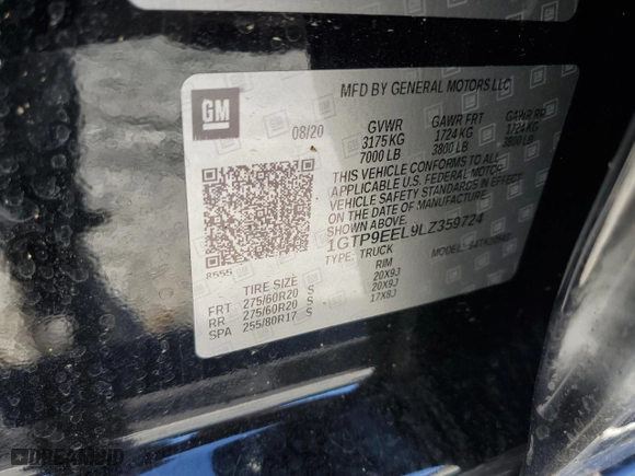 2020 GMC Sierra 1500 AT4 with VIN 1GTP9EEL9LZ359724, listed as a Copart auction lot 50170725 with 0 mi miles and Salvage Title. Bid and sale history available at carsss.com. Image 13.