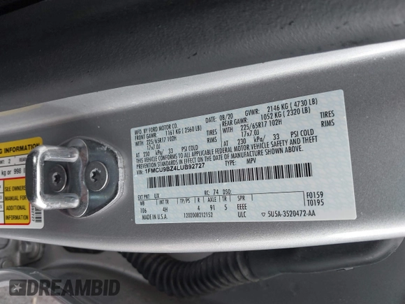 2020 Ford Escape SE Sport Hybrid with VIN 1FMCU9BZ4LUB92727, listed as a IAAI auction lot 41500226 with 46,869 mi miles and . Bid and sale history available at DreamBid. Image 9.