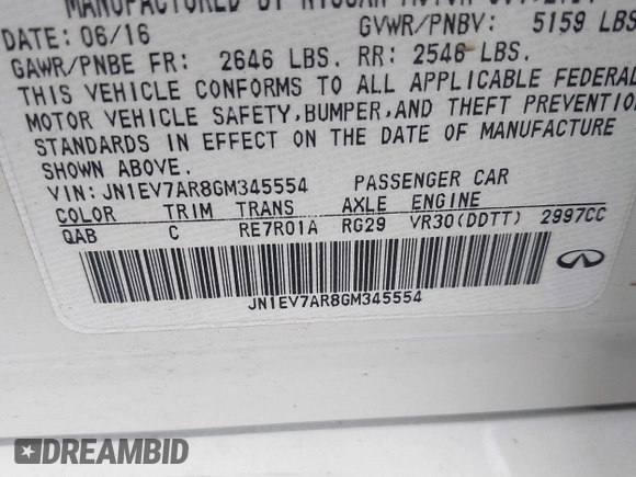 2016 Infiniti Q50 Premium with VIN JN1EV7AR8GM345554, listed as a IAAI auction lot 41965915 with 88,646 mi miles and . Bid and sale history available at DreamBid. Image 9.