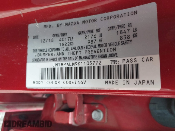 2019 Mazda 3 with VIN JM1BPALM9K1105772, listed as a IAAI auction lot 42350918 with 53,931 mi miles and . Bid and sale history available at DreamBid. Image 9.