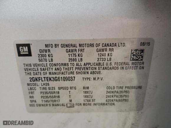 2016 GMC Terrain SLE with VIN 2GKFLTEK3G6109037, listed as a Copart auction lot 51170185 with 110,256 mi miles and Clean Title. Bid and sale history available at carsss.com. Image 13.