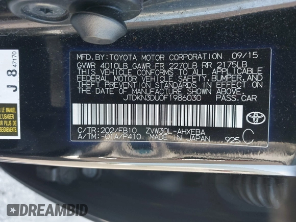 2015 Toyota Prius Four with VIN JTDKN3DU0F1986030, listed as a IAAI auction lot 42034054 with 194,915 mi miles. Bid and sale history available at carsss.com. Image 9.