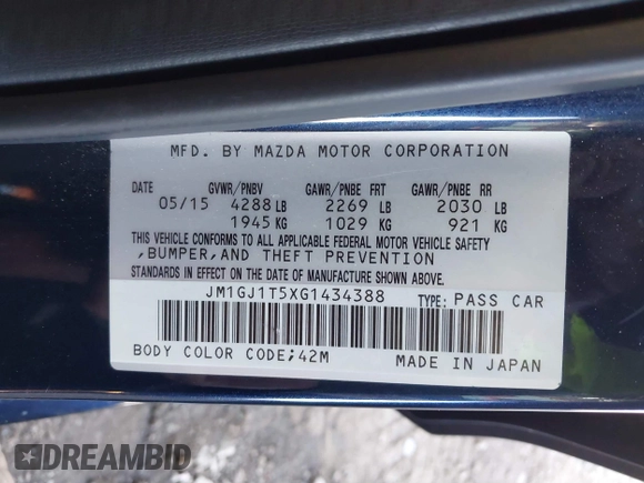 2016 Mazda 6 i Touring with VIN JM1GJ1T5XG1434388, listed as a IAAI auction lot 41528124 with 99,293 mi miles and . Bid and sale history available at DreamBid. Image 9.