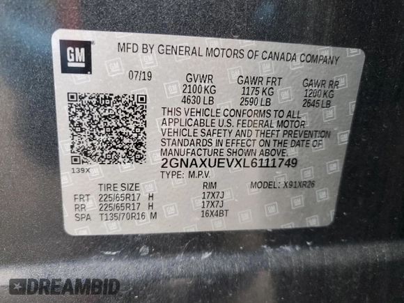 2020 Chevrolet Equinox LT with VIN 2GNAXUEVXL6111749, listed as a Copart auction lot 55680725 with 147,660 mi miles and Clean Title. Bid and sale history available at DreamBid. Image 12.