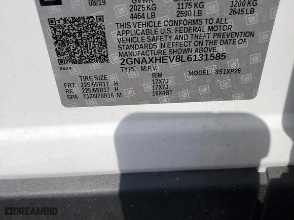 2020 Chevrolet Equinox LS with VIN 2GNAXHEV8L6131585, listed as a Copart auction lot 45272745 with 105,347 mi miles and Non Repairable. Bid and sale history available at carsss.com. Image 14.