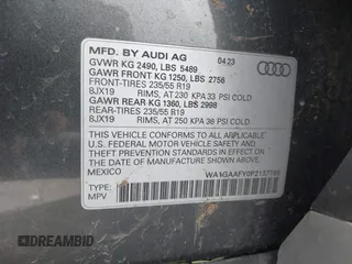 2023 Audi Q5 S line Premium with VIN WA1GAAFY0P2137785, listed as a IAAI auction lot 41453723 with 1 mi miles. Bid and sale history available at carsss.com. Image 9.