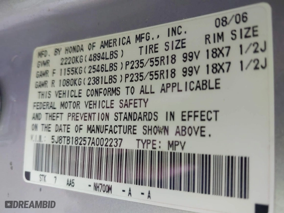 2007 Acura RDX with VIN 5J8TB18257A002237, listed as a IAAI auction lot 41275828 with 178,025 mi miles. Bid and sale history available at carsss.com. Image 9.